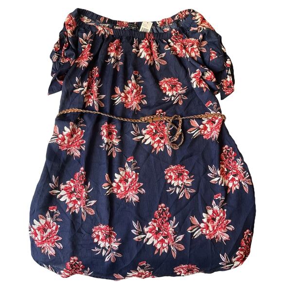 Paper Tee Women Dress 2X Navy Floral A-Line Belted Short Sleeve Off Shoulder - Picture 1 of 11